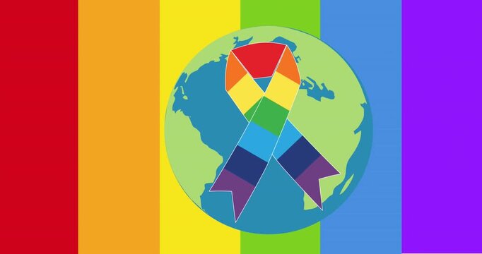Animation of rainbow awareness ribbon on globe over rainbow stripes