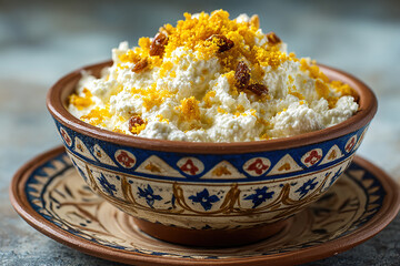 Close-up view of dahi chura made with curd and flattened rice in a traditional bowl