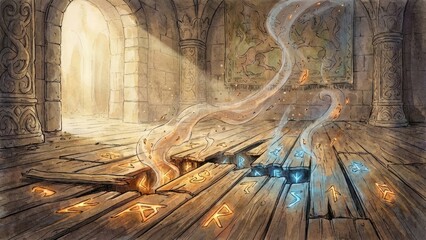 Blank wooden table with fire and smoke concept. An ethereal scene with mystical symbols emerging from wooden floor.
