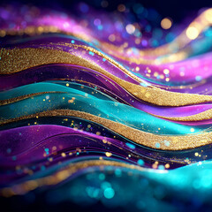 Glitter Teal Violet Golden Wave Stripes Design Sparkle Motion Lines with bokeh effect background