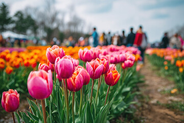 Blooming tulip field attracts visitors during spring festival celebration in vibrant colors