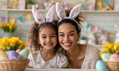 Mother and daughter celebrate holiday with bunny ears and smiling faces at home during festive gathering