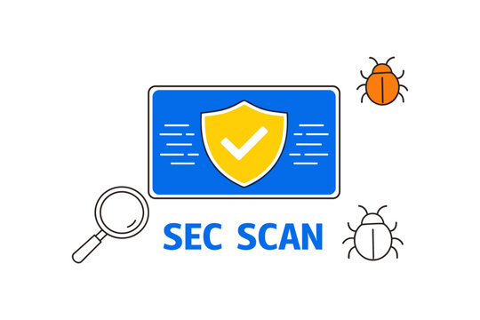 Cybersecurity concept with shield, bugs, and magnifying glass illustrating sec scan