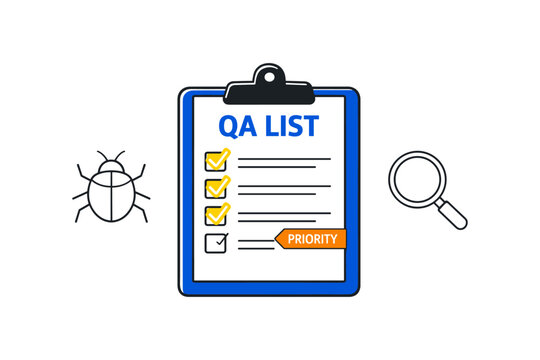 Quality assurance checklist with bug icon and magnifying glass