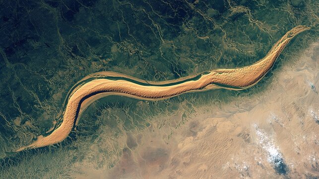 A stunning aerial view from space of a massive, sinuous sand dune resembling a slug, dramatically cutting through a textured floodplain landscape.