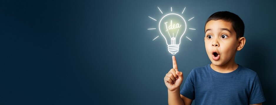 Surprised child pointing at glowing lightbulb with idea concept on dark blue background, perfect for educational or creative promotional design template.