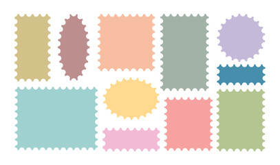 Colorful Postage stamp set. Collation of different  postage stamp Edge,  circle ,rectangle Vector Jagged Geometric Shapes.