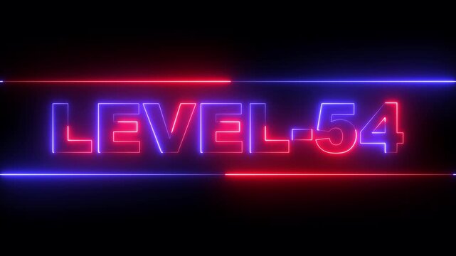 glowing neon Level-54 text inside a horizontal banner on black background. level 54 text icon animation. Neon level up sign. neon next Level text. Game concept next level. 4k video animation.
