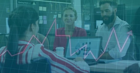 Animation of financial data processing over diverse colleagues discussing work in office - Powered by Adobe