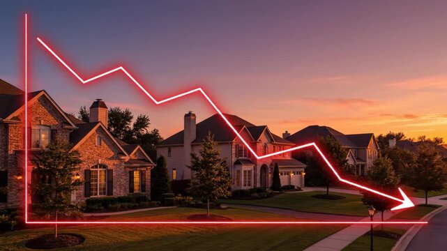Red decreasing financial graph over a suburban neighborhood at sunset depicting falling real estate sales and housing market decline