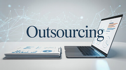 Outsourcing Solutions: A laptop displays charts alongside a document, symbolizing data-driven outsourcing strategies for enhanced business performance and efficiency.