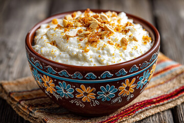 Close-up view of dahi-chura with flattened rice and toppings placed in a colorful bowl on a textured surface