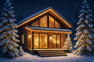 Naklejka premium Cozy wooden house decorated with glowing holiday lights in snowy forest at night, warm interior lighting visible through large windows. Ai generative. Ai generative