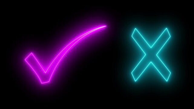 Neon Checkmark and Cross Symbols in Pink and Blue on Black Background neon signs tick