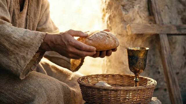 The Resurrection of Jesus: Jesus emerges from the tomb, surrounded by light. Easter morning, a concept of new life with a cross, bread, and a golden chalice of wine. God, Christianity, Orthodoxy.