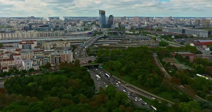 French architecture facades and roofs of houses. Experience stunning aerial views of the Paris. Establishing Shot of Paris city. Central district in the capital of France