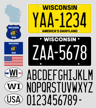 Wisconsin new license plate vintage pattern 2026, yellow and black, letters, numbers and symbols, USA, United States of America, vector illustration