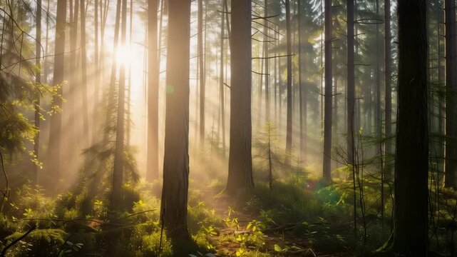 View of a lush evergreen forest covered in morning mist with dramatic golden sun rays streaming through the trees creating a serene and atmospheric wilderness landscape