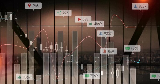 Animation of graphs with social media icons over cityscape background