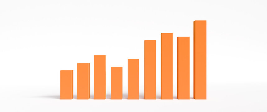 Graphique &agrave; barres en 3D illustrant une croissance, orange, sur fond blanc