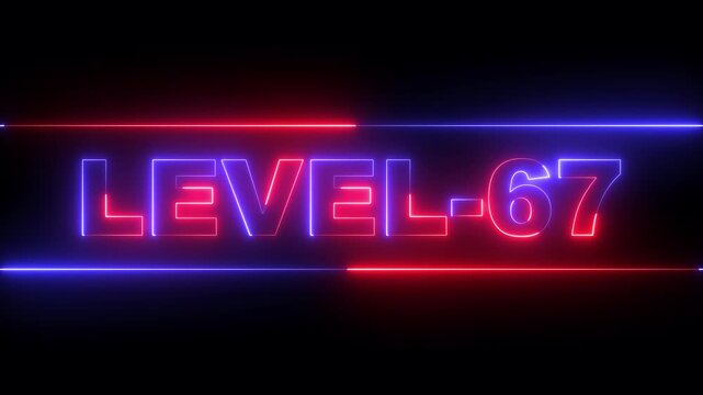 glowing neon Level-67 text inside a horizontal banner on black background. level 67 text icon animation. Neon level up sign. neon next Level text. Game concept next level. 4k video animation.