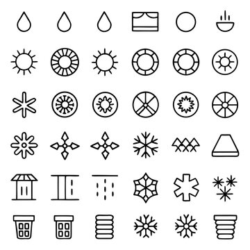A collection of 36 icons representing various weather and climate symbols, including rain, sun, snow, and different types of weather patterns.