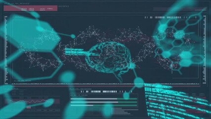Interface appearing, code scrolling and molecules fading, nodes merging into brain, charts updating - Powered by Adobe