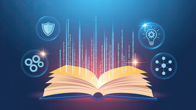 Illuminating Knowledge: An open book radiating digital data streams, symbolizing the transformative power of knowledge, innovation, and security. A beacon of wisdom, creativity.
