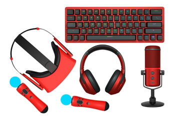 Gaming accessories including VR headset, RGB keyboard, headphones, and microphone shown isolated on white background