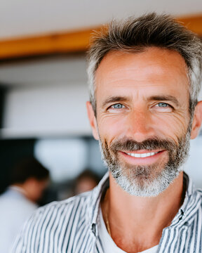 Smiling man in casual attire indoor setting portrait photography friendly environment close-up view lifestyle concept