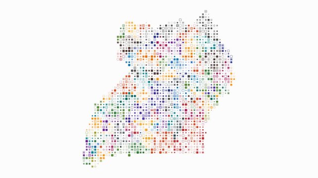 Uganda animation. Shape of the country with pulsating colored dots. Small size rounded square blocks. Digital style map on white background. Awesome video.