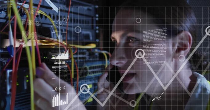 Female technician receiving call, adjusting network rack cables while data charts leveling metrics