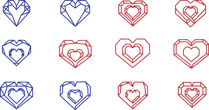 Abstract geometric heart shapes in blue and red are displayed in a grid.