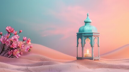 Minimal Eid Pastel Background With Lantern And Copy Space