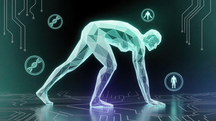 Digital Human Performance: A futuristic depiction of a human figure in a starting position, set against a backdrop of digital circuits and biological symbols.