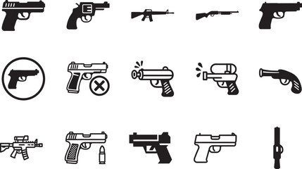 Modern gun icon set with clean vector symbols for weapon, security, defense, military and shooting themes. © MDSHAHIN
