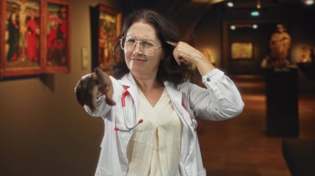 Woman doctor points finger and taps temple with finger while wearing stethoscope in museum building; confidence playfulness.