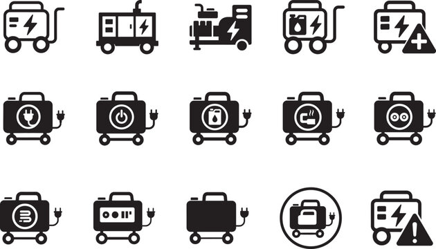 Clean generator icon set with modern vector symbols for power, energy, electricity and industrial systems.