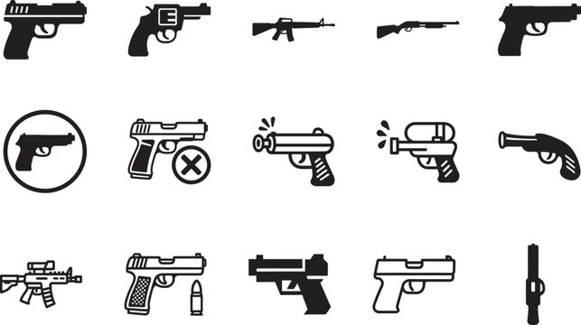 Modern gun icon set with clean vector symbols for weapon, security, defense, military and shooting themes.