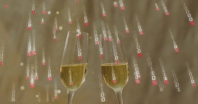 Binary rain starting, two champagne flutes tilting and clinking, bubbles rising, celebrating data
