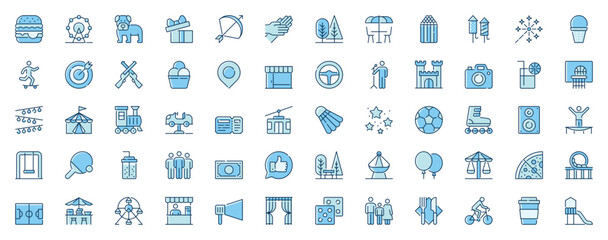 Amusement park web icons set in line design. Duotone pictogram pack of fast food, carousel, ferris wheel, gifts, cafe, fireworks, carnival, attraction, more outline stroke signs. Vector illustration.