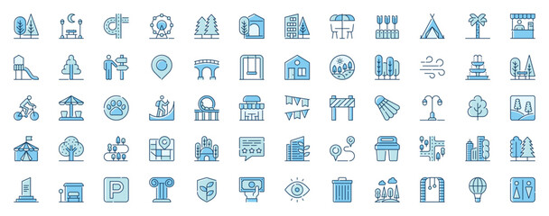 Fototapeta na wymiar City park web icons set in line design. Duotone pictogram pack of trees, bench, road, path, ferris wheel, street cafe, playground, direction pointer, more outline stroke signs. Vector illustration.