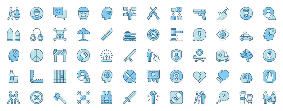 Abuse and violence web icons set in line design. Duotone pictogram pack of harassment, cyber bullying, conflicts, weapons, attack, crime, handcuff, more outline stroke signs. Vector illustration.