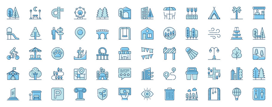 City park web icons set in line design. Duotone pictogram pack of trees, bench, road, path, ferris wheel, street cafe, playground, direction pointer, more outline stroke signs. Vector illustration.