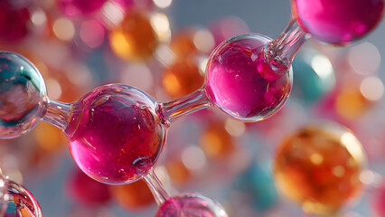 A hyper-realistic 3D abstract render of a complex molecular lattice, featuring glossy, translucent spheres interconnected by delicate filaments
