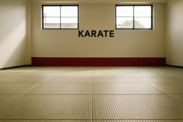 Empty karate dojo interior with tatami mats and natural light from windows, emphasizing a peaceful martial arts training concept background. Ai generative