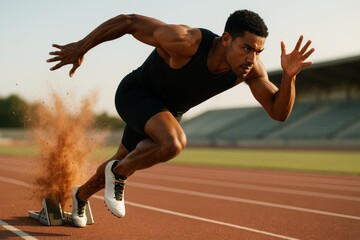 Sprinter launching from starting blocks on track with powerful motion and intense focus in warm natural light background during outdoor training. Ai generative