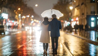 Romantic evening stroll paris couple urban setting nighttime togetherness