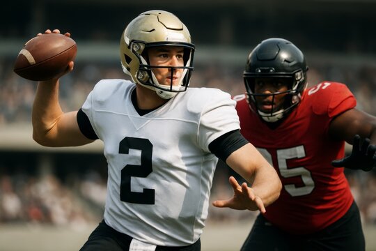 American football quarterback evading defensive player during intense game on stadium field with dramatic light and blurred crowd background. Ai generative