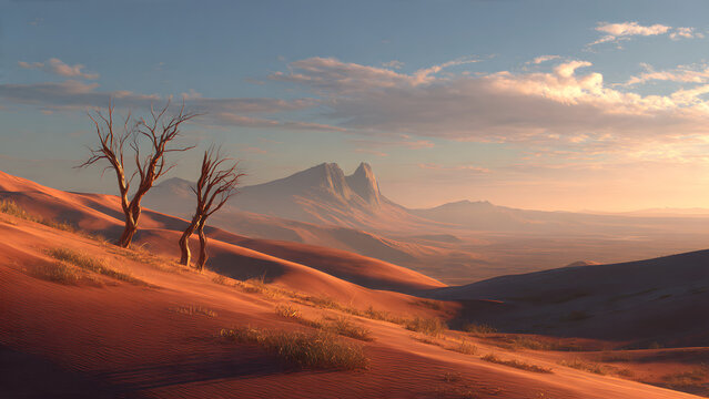 A hyper-realistic 3D digital render of a vast desert landscape during the golden hour, featuring rolling sand dunes in deep orange and terracotta hues with smooth wind-swept textures